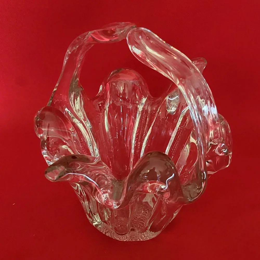 VTG Clear Art Glass Basket Trinket Bowl Candy Dish